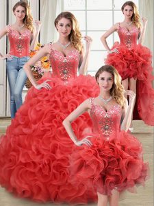 Graceful Four Piece Straps Fabric With Rolling Flowers Sleeveless Floor Length Vestidos de Quinceanera and Beading and Ruffles