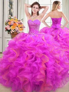 Fitting Multi-color Ball Gowns Beading and Ruffles Vestidos de Quinceanera Lace Up Organza Sleeveless Floor Length