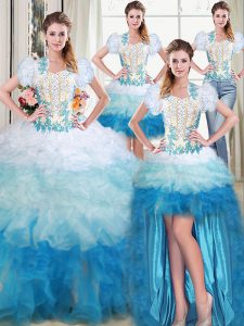 Exceptional Four Piece Multi-color Sleeveless Organza Lace Up Quinceanera Gown for Military Ball and Sweet 16 and Quinceanera