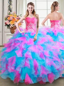 Popular Multi-color Ball Gowns Beading and Ruffles Quinceanera Dress Zipper Organza and Tulle Sleeveless Floor Length