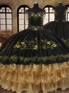 Cheap Black Off The Shoulder Neckline Beading and Embroidery and Ruffled Layers Quinceanera Dress Sleeveless Lace Up