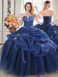Navy Blue Ball Gowns Sweetheart Sleeveless Organza Floor Length Lace Up Beading and Pick Ups Quinceanera Dress