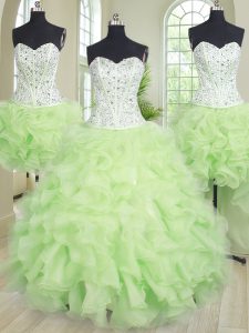Clearance Four Piece Yellow Green Lace Up Sweet 16 Dress Beading and Ruffles Sleeveless Floor Length