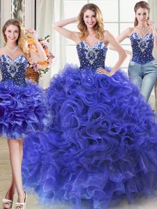 On Sale Three Piece Sweetheart Sleeveless Lace Up Quinceanera Gown Royal Blue Organza
