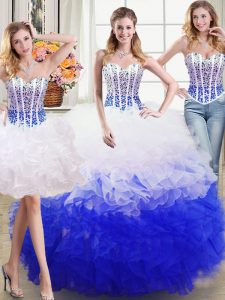 Wonderful Three Piece Floor Length Lace Up Ball Gown Prom Dress White and Blue for Military Ball and Sweet 16 and Quinceanera with Beading and Ruffles