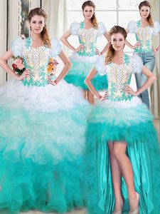 Four Piece Sleeveless Floor Length Beading and Appliques and Ruffles Lace Up Sweet 16 Dress with Multi-color