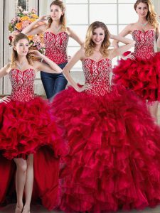 Spectacular Four Piece Sweetheart Sleeveless Organza Quinceanera Gowns Beading and Ruffles Brush Train Lace Up