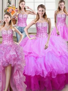Dramatic Four Piece Ruffles and Sequins Sweet 16 Dress Multi-color Lace Up Sleeveless Floor Length