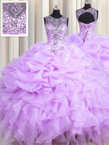 Cheap Scoop Lavender Organza Lace Up Sweet 16 Dresses Sleeveless Floor Length Beading and Ruffles and Pick Ups
