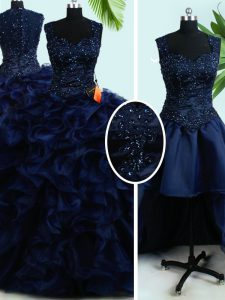 Four Piece Straps Floor Length Zipper Quinceanera Gowns Navy Blue for Military Ball and Sweet 16 and Quinceanera with Beading and Ruffles