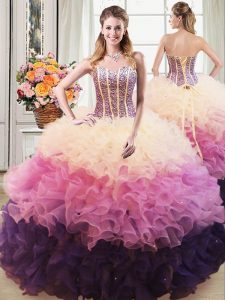 Sumptuous Sleeveless Floor Length Beading and Ruffles Lace Up Quinceanera Dresses with Multi-color