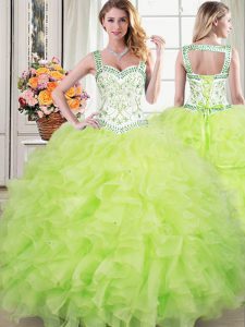 Glamorous Straps Yellow Green Lace Up Sweet 16 Dresses Beading and Lace and Ruffles Sleeveless Floor Length