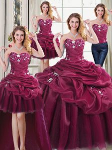 Noble Four Piece Burgundy Sweetheart Lace Up Beading and Appliques and Pick Ups 15 Quinceanera Dress Sleeveless