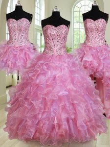 Smart Four Piece Sleeveless Floor Length Beading and Ruffles Lace Up Quince Ball Gowns with Multi-color
