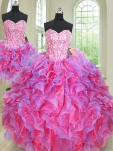Simple Three Piece Multi-color Sleeveless Floor Length Beading and Ruffles Lace Up Sweet 16 Dress