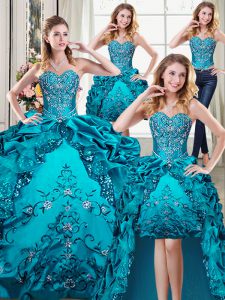 Decent Four Piece Teal Sweetheart Neckline Beading and Embroidery and Pick Ups 15th Birthday Dress Sleeveless Lace Up