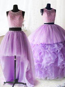 Cute Three Piece Scoop Sleeveless With Train Beading and Lace and Ruffles Zipper Sweet 16 Dress with Lilac Brush Train