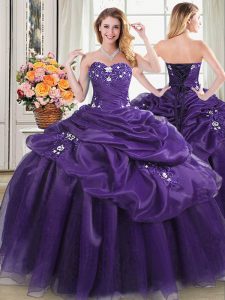 Noble Floor Length Lace Up Quinceanera Gowns Purple for Military Ball and Sweet 16 and Quinceanera with Appliques and Pick Ups