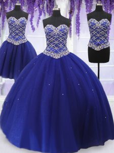 Three Piece Royal Blue Lace Up Quinceanera Dresses Beading Sleeveless Floor Length