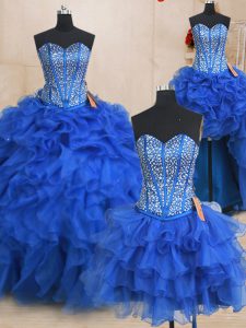 Customized Four Piece Royal Blue Sleeveless Floor Length Beading and Ruffles Lace Up Sweet 16 Dress