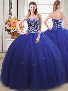 Hot Selling Sleeveless Tulle Floor Length Lace Up 15 Quinceanera Dress in Royal Blue with Beading