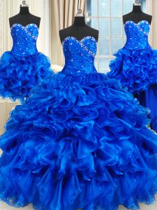 Adorable Four Piece Royal Blue Sleeveless Floor Length Beading and Ruffles Lace Up Sweet 16 Quinceanera Dress