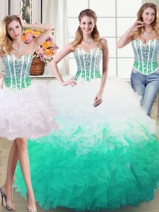 Excellent Three Piece Sleeveless Floor Length Beading and Ruffles Lace Up Sweet 16 Dresses with White and Green