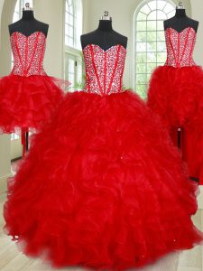 Modest Four Piece Red Sleeveless Organza Lace Up Ball Gown Prom Dress for Military Ball and Sweet 16 and Quinceanera