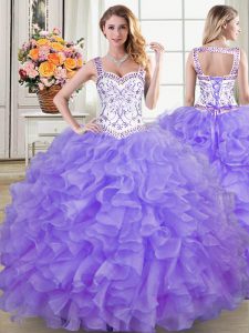 Beautiful Straps Sleeveless Organza Floor Length Lace Up Vestidos de Quinceanera in Lavender with Beading and Lace and Ruffles
