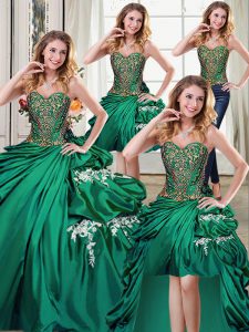 Modest Four Piece Beading and Appliques and Pick Ups Ball Gown Prom Dress Dark Green Lace Up Sleeveless Floor Length