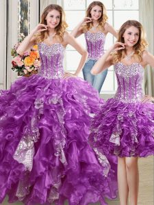 Glorious Three Piece Sequins Sweetheart Sleeveless Lace Up Quinceanera Dress Purple Organza