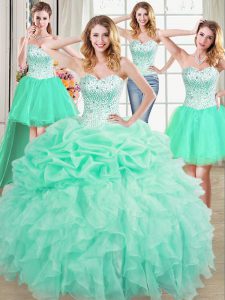 Nice Four Piece Sweetheart Sleeveless 15th Birthday Dress Floor Length Beading and Ruffles and Pick Ups Apple Green Organza