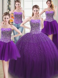 Beautiful Four Piece Purple Sleeveless Beading Floor Length Quinceanera Dress with Jacket