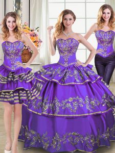 Glamorous Three Piece Sweetheart Sleeveless Quinceanera Gowns Floor Length Embroidery and Ruffled Layers Eggplant Purple Taffeta