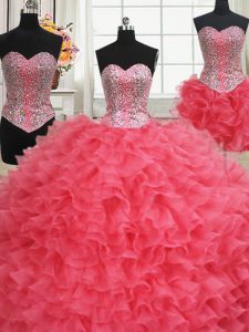 Three Piece Coral Red Sleeveless Organza Lace Up Quinceanera Dresses for Military Ball and Sweet 16 and Quinceanera