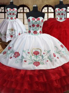 Three Piece Floor Length White and Red Sweet 16 Dress Organza Sleeveless Embroidery and Ruffled Layers