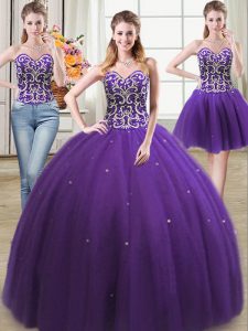 Glamorous Three Piece Purple Tulle Lace Up 15th Birthday Dress Sleeveless Floor Length Beading