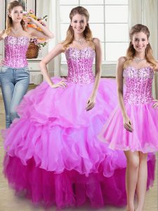 Glittering Three Piece Sequins Multi-color Sleeveless Organza Lace Up Sweet 16 Quinceanera Dress for Military Ball and Sweet 16 and Quinceanera