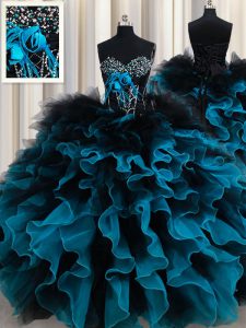 Fine Sleeveless Beading and Ruffles and Hand Made Flower Lace Up Ball Gown Prom Dress