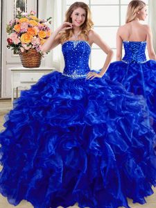 Royal Blue Organza Lace Up Vestidos de Quinceanera Sleeveless Floor Length Beading and Ruffles