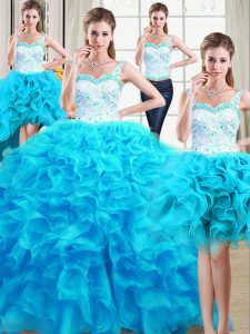 Four Piece Straps Sleeveless Floor Length Beading and Ruffles Lace Up Ball Gown Prom Dress with Baby Blue
