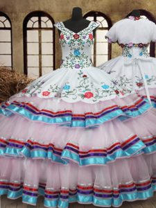 White Quinceanera Gown Military Ball and Sweet 16 and Quinceanera with Embroidery and Ruffled Layers Straps Sleeveless Lace Up