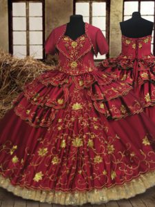 Top Selling Sweetheart Sleeveless Quinceanera Gowns Floor Length Beading and Embroidery and Ruffled Layers Wine Red Taffeta and Lace