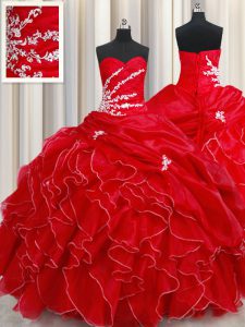 Exceptional Sleeveless Floor Length Beading and Ruffles and Pick Ups Lace Up Sweet 16 Quinceanera Dress with Red