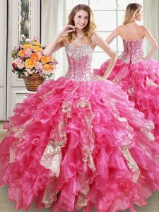 Sleeveless Floor Length Beading and Ruffles and Sequins Lace Up Ball Gown Prom Dress with Hot Pink