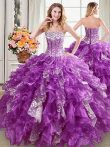 Fabulous Purple Organza Lace Up Sweetheart Sleeveless Floor Length Quinceanera Gown Beading and Ruffles and Sequins