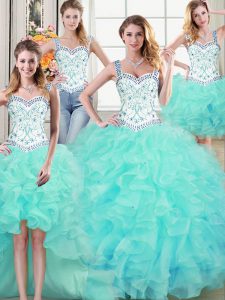 Delicate Four Piece Ball Gowns Quinceanera Gown Aqua Blue Straps Organza Sleeveless Floor Length Lace Up