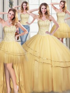 Romantic Four Piece Gold Ball Gowns Sweetheart Sleeveless Tulle Floor Length Lace Up Beading and Sequins Vestidos de Quinceanera