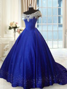 Cute Royal Blue Lace Up Off The Shoulder Beading and Lace Quinceanera Gowns Satin Cap Sleeves