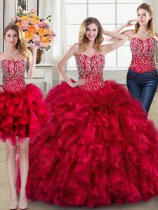 Best Selling Three Piece Brush Train Ball Gowns Sweet 16 Quinceanera Dress Red Sweetheart Organza Sleeveless Lace Up